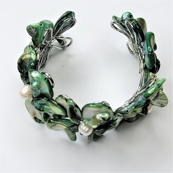 Green Pearl Adjustable Cuff Bangle Bracelet- NEW - Picture 9 of 13